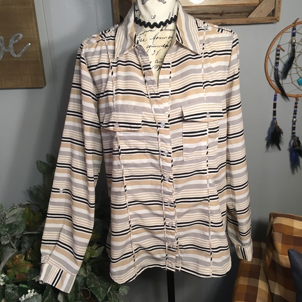 Notations stripped breast pocket blouse